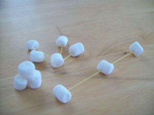     Marshmallow molecules. Clockwise from right: hydrogen dioxide, water, and methane.