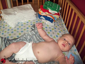 Baby Dragonfly in a flat diaper in the airplane fold. From here, I put a cover (one of the colored diapers in the corner) on him to keep clothes dry.