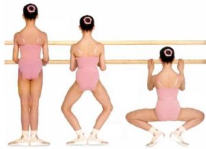 Left: First Position Center: Demi Plie Right: Grande Plie